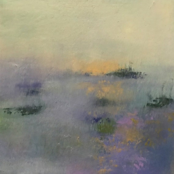 Misty Dawn a Tranquil and Peaceful Zen Original Abstract Impressionistic  Pond Water Nature Oil Painting on Paper 4x4 in 8x8 Mat 