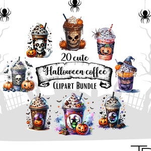 Halloween Coffee Clipart Set, Scary Gothic Watercolor Hot Coffee Drink Clipart Bundle, Spooky Season PNG Bundle, PNG, Digital Download,