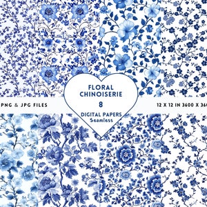 Cute Chinoiserie Digital Paper set, Blue Toile De Jouy Digital Paper, Vintage Floral, grandmillennial Design PNG, Trendy Chinoiserie PNG,
