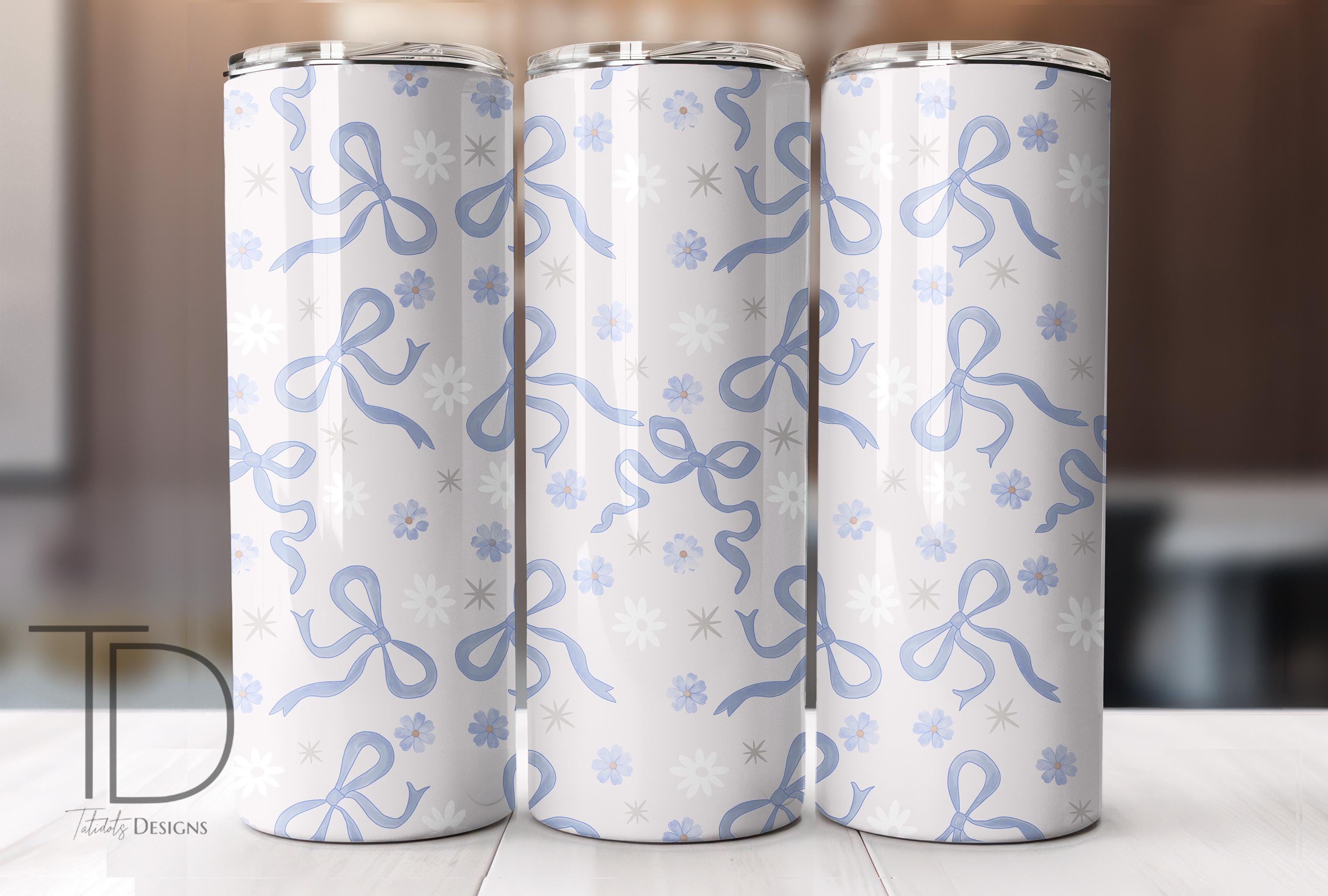 Blue Bow Floral Tumbler Wrap PNG, 20oz Skinny Tumbler Design, Coquette Cup Wrap, Pastel Daisy, Cute Gift for Her, Sublimation, seamless,