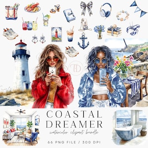 Coastal Dreamer Clipart Bundle, PNG, Digital Download, Planner Stickers, American planner Woman Digital file, Ocean nautical png