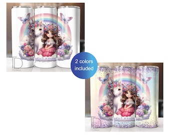 Custom name Unicorn and girl 2 files Tumbler Wrap - Pastel Magic PNG Design, gift for her, friends, 20oz skinny, customizable Canva template
