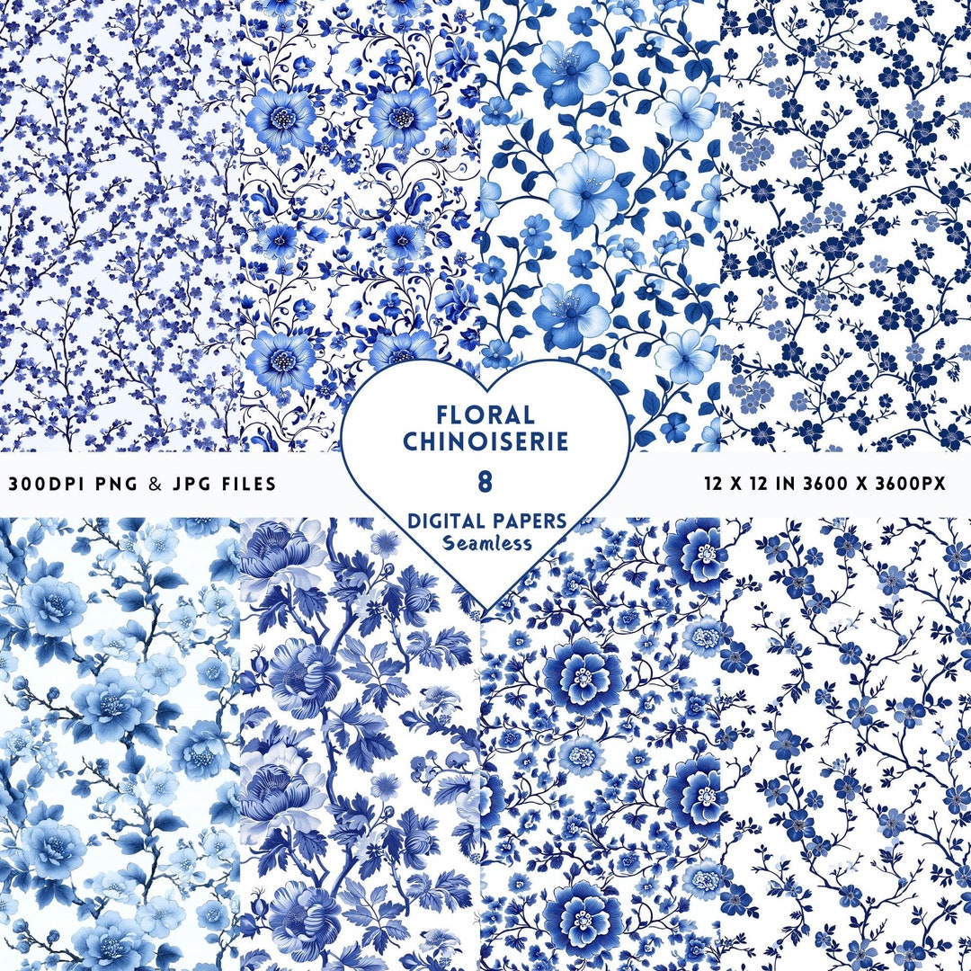 Blue Chinoiserie Floral Digital Paper Set: Toile De Jouy PNG (12x12 ...