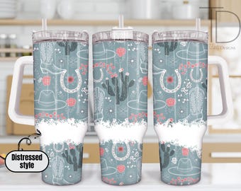 Western Floral 40oz Tumbler Wrap – Cactus and Cowboy Boots PNG Sublimation PNG File, floral Wrap, floral horseshoes, seamless