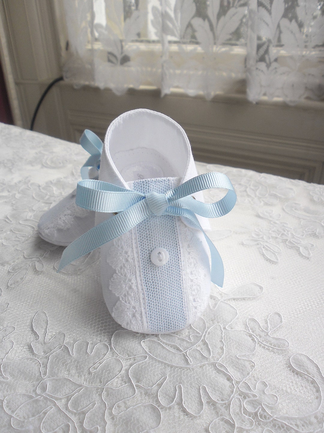 New Arrival. White Irish Linen Baby Boy Christening Shoes. Boy Baptism