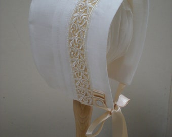 Ivory Irish  linen  Christening Bonnet. Boy or Girl Baptism Bonnet. Ivory  Irish Linen and Guipure lace Bonnet.