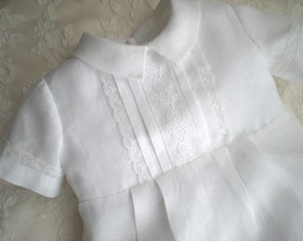 Ready to Send. White Irish Linen Baby Boy Christening Romper, Baptism Baby boy  Outfit. Long Romper. Size 0-3 Months.