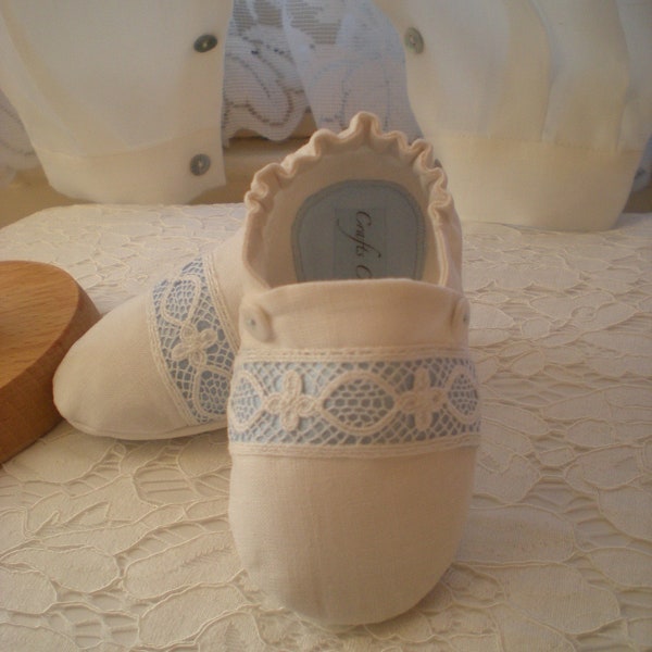 White Irish linen Baby Boy Christening Shoes, Boy Baptism Shoes. Boy Booties. Linen Boy shoes