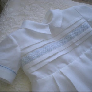 Ready to send. White and Blue Irish Linen Baby Boy's Christening Romper. Baptism Boy Outfit. Size 9-12 Months/Ankle