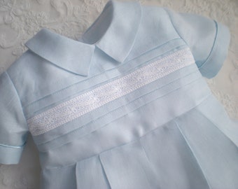 White or Blue Irish linen Romper. Baby Boy Christening outfit. Baby boy baptism Romper.