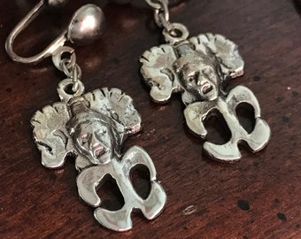 Vintage Silver Pixie Gremlin Screwback Earrings - Alva Museum Replicas Etruscan Revival - Fairy Faerie Protection - Island Corsica Corsican