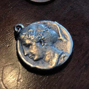 Vintage Water Nymph Arethusa Silver Greek Coin Pendant - Dolphin Fountain Syracuse - Alva Museum Replica - Greek Revival Necklace - Roman
