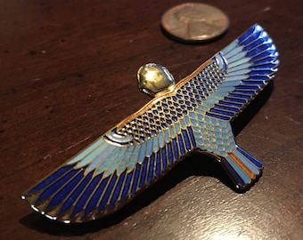 Vintage God of the Sky Horus Gold Enameled Brooch Pin  1976 Treasures of Tutankhamun Exhibit Egyptian Revival Falcon Hawk TBM British Museum