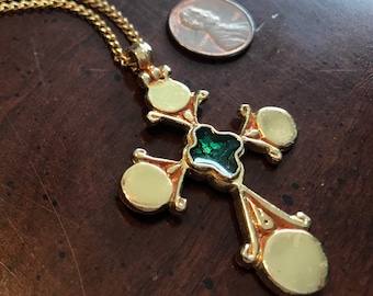Gold Stylized Cross with Emerald Green Enamel Pendant Necklace - Vintage Alva Museum Replicas - Etruscan Revival - Stylized Amulet