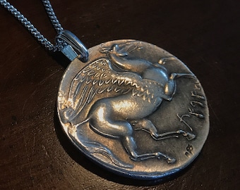Vintage Pegasus and Moon Goddess Tanit Carthaginian Silver Coin Pendant Necklace - 5 Shekel Replica - Tinnit Astarte - Winged Pegasus Horse