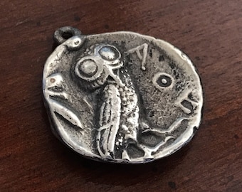 Goddess of Wisdom Athena Owl Silver Coin Pendant - Vintage Alva Museum Replicas - Tetradrachm Silver Greek Coin