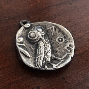 Goddess of Wisdom Athena Owl Silver Coin Pendant - Vintage Alva Museum Replicas - Tetradrachm Silver Greek Coin