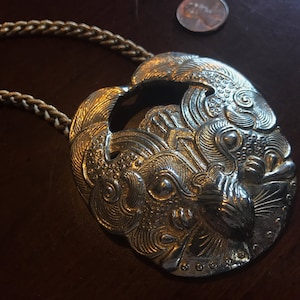 Vintage Animal Mask  Large Gold Medallion Necklace Alva Museum Replicas Taotich Chinese Shang Dynasty Asian Revival Bird Quetzalcoatl Tribal