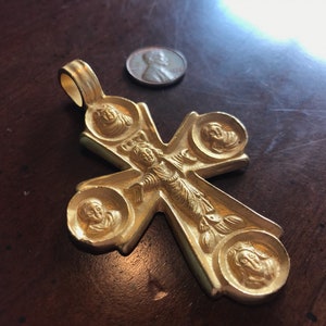 Gold Stylized Pectoral Cross Pendant - Vintage Alva Museum Replicas - Jesus Christ and Apostles - Evangelists - Medallion - Figural Relief
