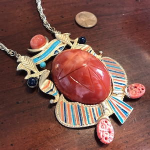 Vintage Egyptian Revival Winged Scarab Pendant Necklace - Khepri Emerging Sun God  Runway Statement - Enameled Gold Cobra Uraeus - Udjat Eye