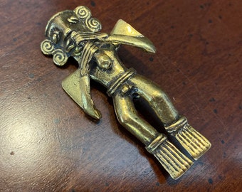 Vintage Columbian Gold Flute Player Fertility Brooch - Alva Museum Replicas Studio - Quimbaya Culture - Ethnic Tribal Boho - Panama