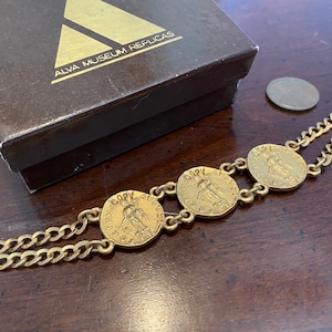 Vintage Goddess of Fortune, Fate and Luck Bracelet Fortuna - Alva Museum Replicas Gold Roman Tyche Coin Bracelet Original Box Greek Revival