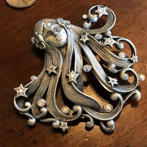 Vintage Goddess Asteria Brooch by Jonette Jewelry Silver Art Nouveau - JJ Zodiac Pin - Astrology - Pewter Star Celestial