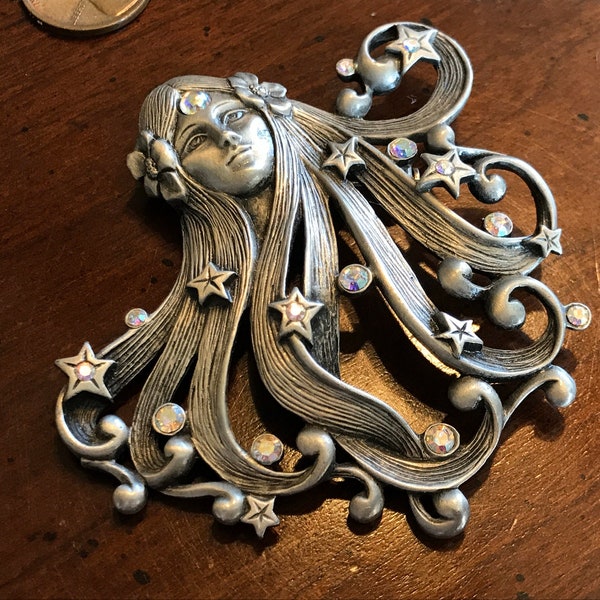 Vintage Goddess Asteria Brooch by Jonette Jewelry Silver Art Nouveau - JJ Zodiac Pin - Astrology - Pewter Star Celestial