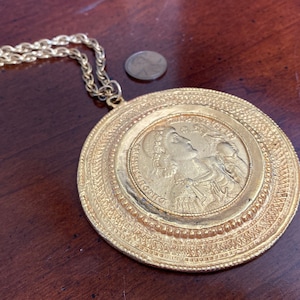 Vintage Byzantine Gold Medallion Coin Necklace - Alva Museum Replica - Emperor Constantine II w Globe Victoriola Ornament Etruscan Revival