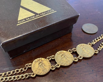 Vintage Goddess of Fortune, Fate and Luck Bracelet Fortuna - Alva Museum Replicas Gold Roman Tyche Coin Bracelet Original Box Greek Revival
