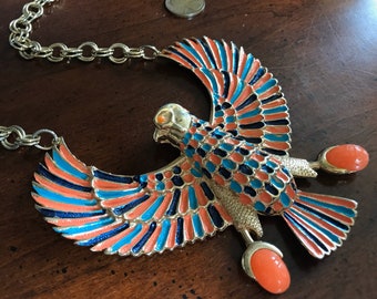 Vintage Egyptian Revival God of the Sky Horus Falcon Gold Enamel Pendant Necklace Hawk Treasures of Tutankhamun Runway Statement Showstopper