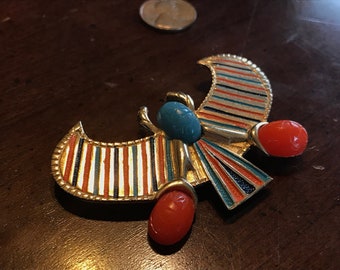 Vintage Gold Winged Scarab Brooch Khepri Emerging Sun God - Blue and Red Enameled Stripe  Egyptian Revival Runway Statement Accessocraft NYC