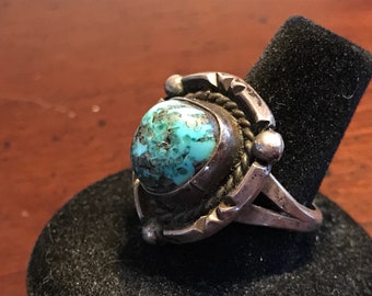 Antique Navajo Old Pawn Morenci Turquoise Sterling Silver Ring - Southwest Indian Hand Made Native American Dead Pawn Vintage Statement Ring