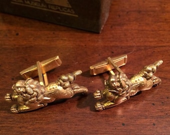 Gold Foo Dog / Lion Cufflinks - Vintage Alva Museum Replicas - Shishi Menuki - Bold Statement Cuff Links - Original Box and Paperwork
