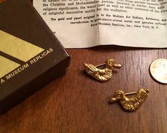 Egyptian Duck Scatter Pin Set - Two Gold Swimming Ducks Brooches - Vintage Alva Museum Replicas - Original Box and Paperwork