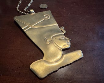 Vintage Kenneth Lane Golden Pharaoh Pendant Necklace KJL Tutankhamun - Egyptian Revival Runway Book Piece Couture Horus Cleopatra 1960s Gold