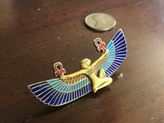 Vintage Winged Goddess Isis Gold and Enamel Brooch  Kneeling Isis Outstretched Wings Egyptian Revival Cloisart