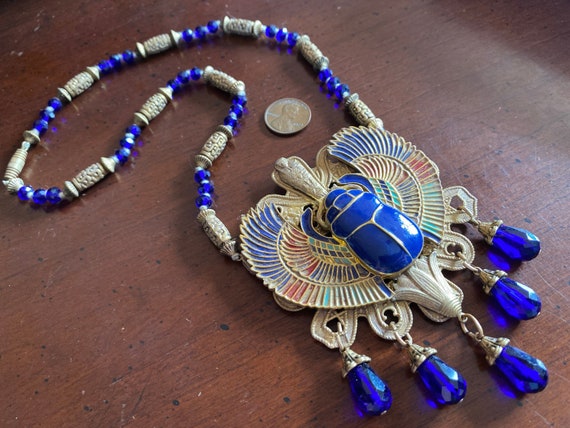 Czech Revival Winged Scarab Solar Disk Pendant Ne… - image 2