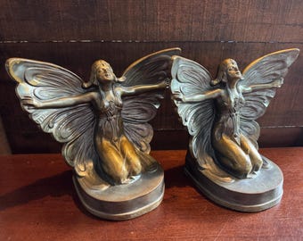 Antique 1927 Butterfly Girl Fairy Bookends  Art Deco Heavy Metal Bronze Sculpture Nymph Woman Vintage Erotic Bookworm Nude Flapper Book Club