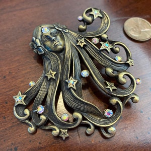 Vintage Goddess Asteria Brooch by Jonette Jewelry Bronze Art Nouveau - JJ Zodiac Pin - Astrology - Star Goddess Celestial - Flower Girl