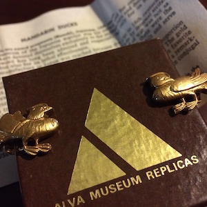 Vintage Gold Mandarin Duck Menuki Clip On Earrings - Alva Museum Replicas - Symbol of Fidelity Sword Ornament with Original Gift Box