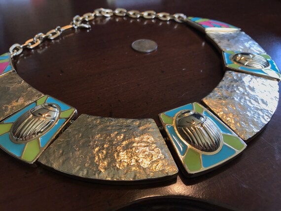 Collier Ras-de-cou Vintage Métal Doré émail Bleu Et Vert - Choker Rétro, Occasion