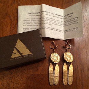Walking Sun Gold Pre Columbian Dangle Screwback Earrings Vintage Alva Museum Replicas Original Box and Paperwork image 2