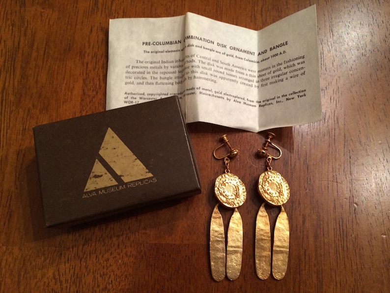 Walking Sun Gold Pre Columbian Dangle Screwback Earrings Vintage Alva Museum Replicas Original Box and Paperwork imagen 2