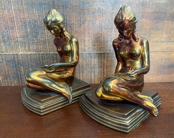Antique Nude Girl Bookends Figural 1937 Art Metal Works Vintage Sculpture Metal Nymph Woman Erotic Art Deco Bookworm Nerdy - Aronson Bronze