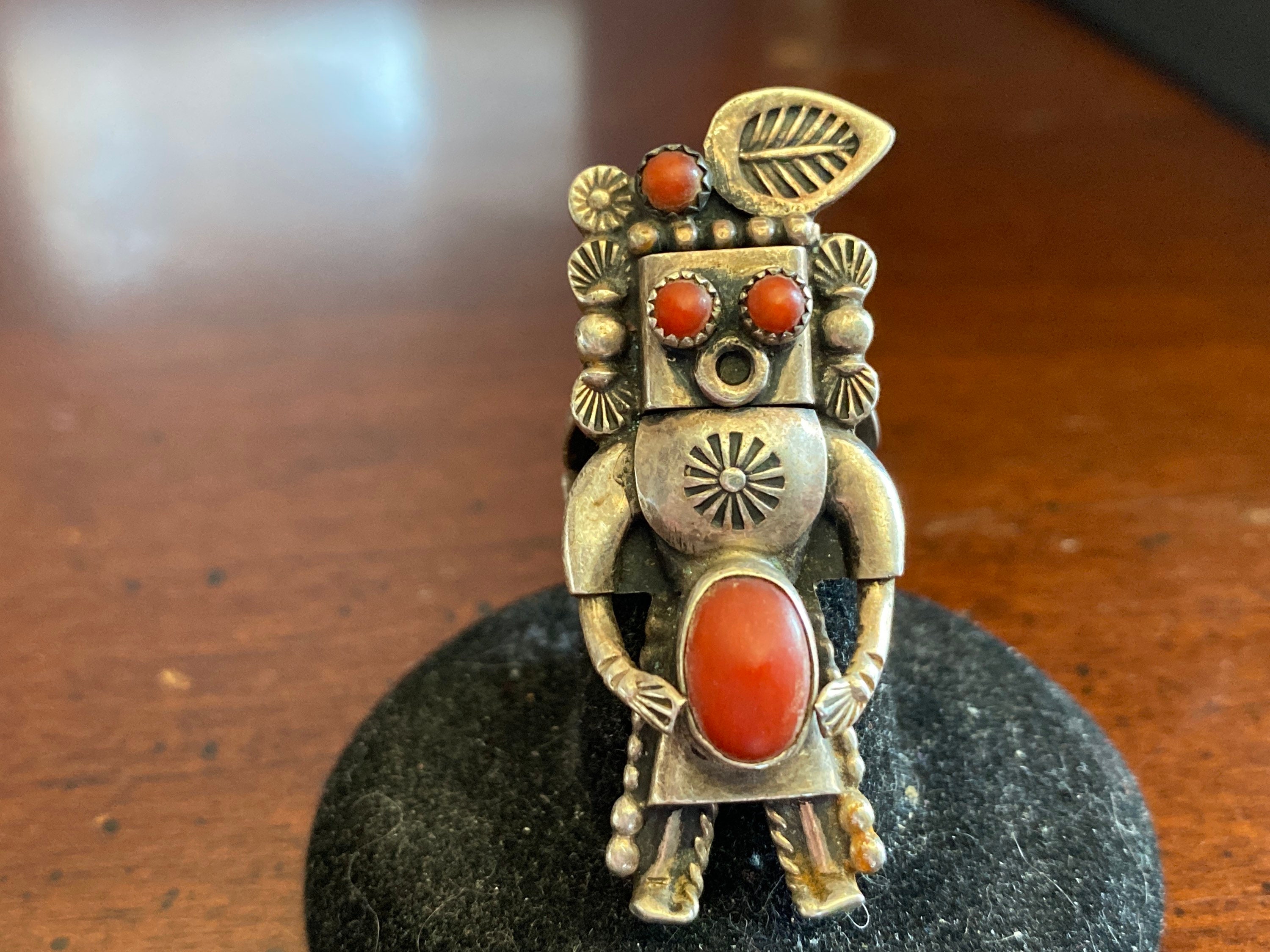 Jerry Roan Kachina Ring Sterling Silver and Coral Ring Important
