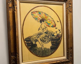 Vintage Louis Icart "Parasol" Engraved Etching on Lucite Wood Framed Art Deco / Art Nouveau