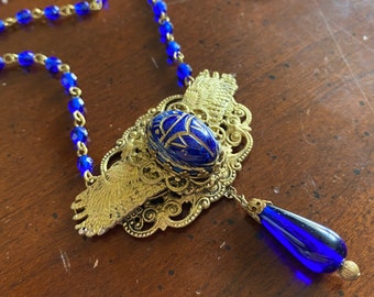 Antique Winged Scarab Czech Glass Necklace - Bespoke Egyptian Revival Beads - Art Nouveau Royal Blue Scarab - Bohemian 1920s Flapper Jewelry