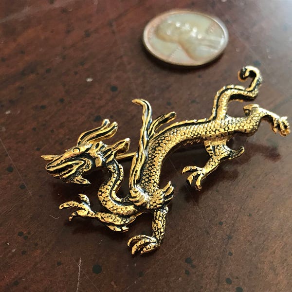 Vintage MFA Gold Dragon Brooch Pin  Chinese Serpentine Dragon Museum of Fine Arts - Symbol of Power Strength Good Luck - Nine Dragons