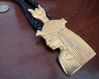 Kenneth Lane Egyptian Revival Goddess Hathor Gold Pendant Necklace KJL Tutankhamun Goddess of Music Dance Love - Runway Couture Solar Disk